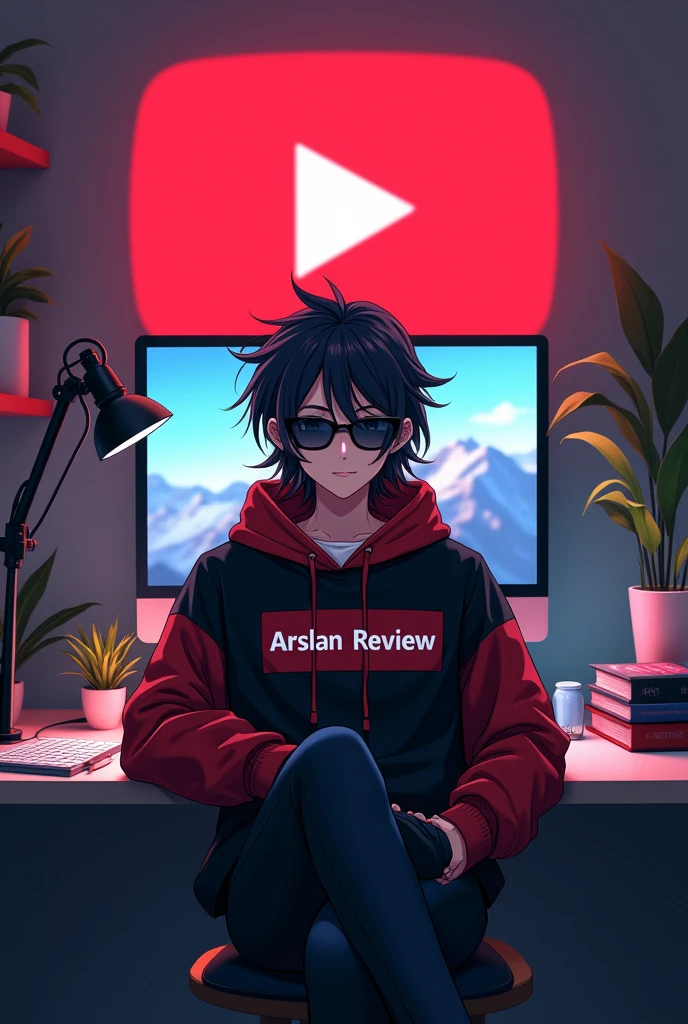 A 18 years anime boy with long hair and sunglasses and, sitting in front of a computer desk with a microphone and laptop, wearing black and red hoodie with the Channel Name on it "Arslan Review". The background includes a large YouTube logo on the wall, potted plants on either side,
and various recording equipment looking at camera.