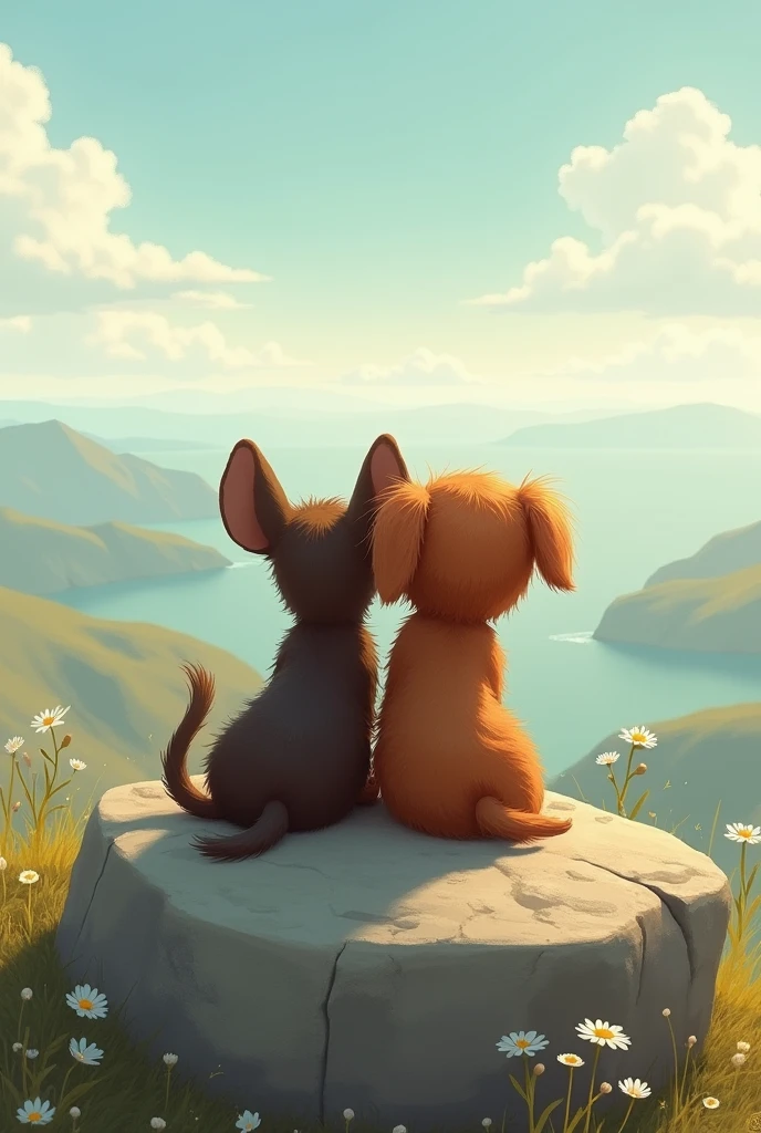 furry dachshund dog and his human owner sitting on a rock looking at the horizon