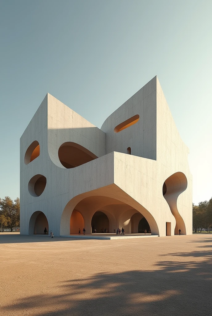 Create an image of a very large equine therapy center that looks complete with the characteristics of the works of architect Carme Pinós on the outside and create the place with abstract figures where stables and horse tracks can be seen., with a large yard without trees
