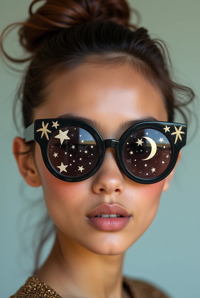 The model is wearing glass sunglasses with stars and the moon on the glass