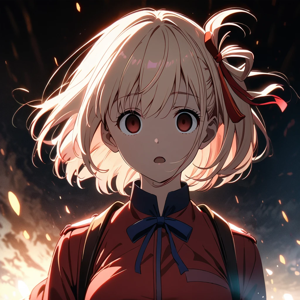 (Nishikigi chisato, ), ( awe), (floating hair, ), (looking at viewer), (cinematic lighting), ( empty eyes, ), 