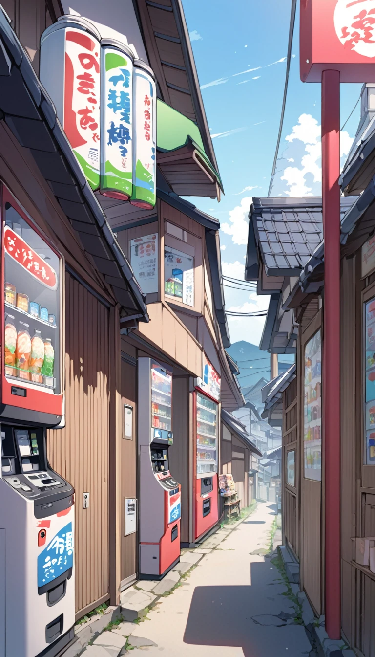 VENDING MACHINE IN RURAL AREA OF JAPAN, HOUSES, A STREET, A PATH PASSING THROUGH MIDDLE OF THE STREETS