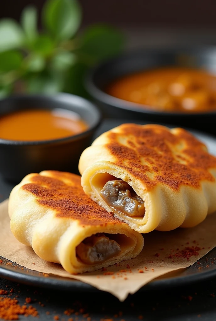 make round Malaysian roti canai with melted sardine filling and dipped in curry sauce
