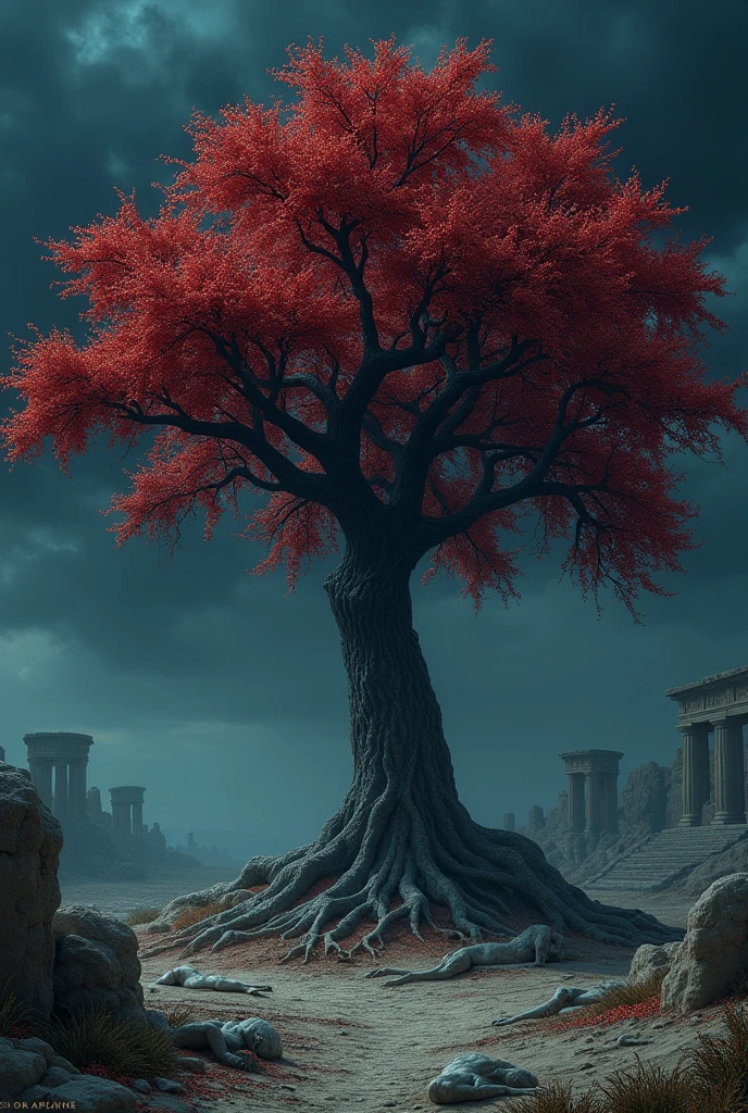 The white mulberry tree, now stained with red berries, ancient Babylon, standing tall and ominous, in the quiet, empty clearing, the bodies of Pyramus and Thisbe lying at its base, the night sky dark and foreboding, wide shot, hyper-realistic , photo realism, cinematography, ar 9:16.