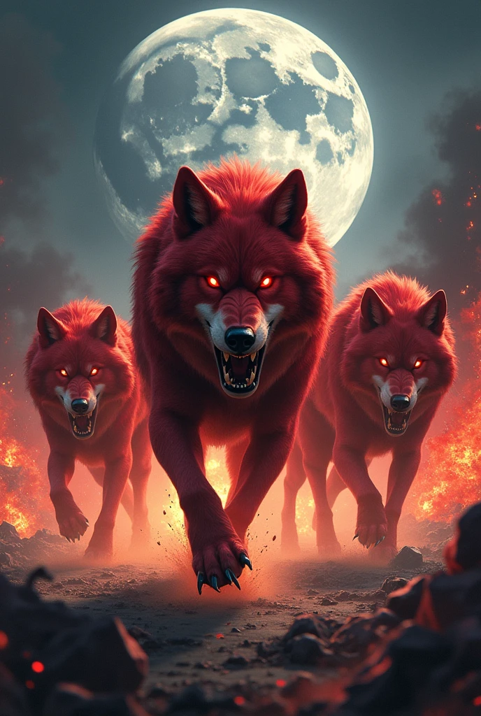 Red big bad wolves 5 pieces running lots of fire moon explosions