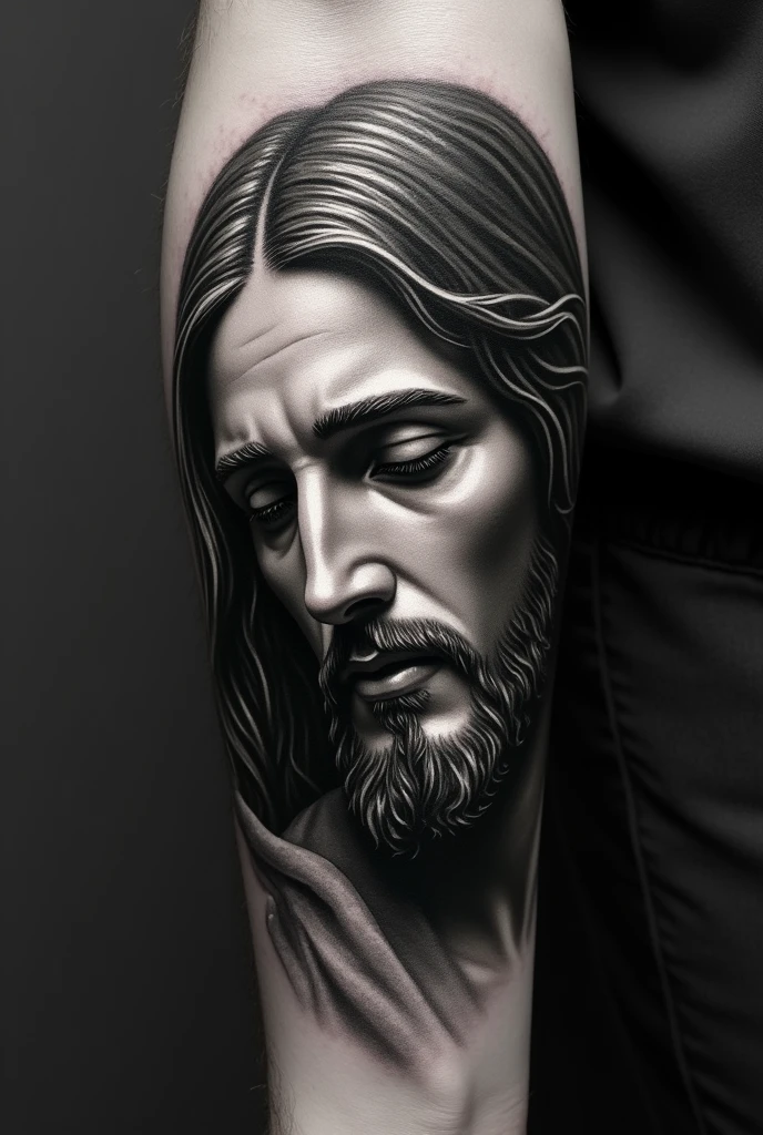 black and gray tattoo of merciful Jesus in profile 