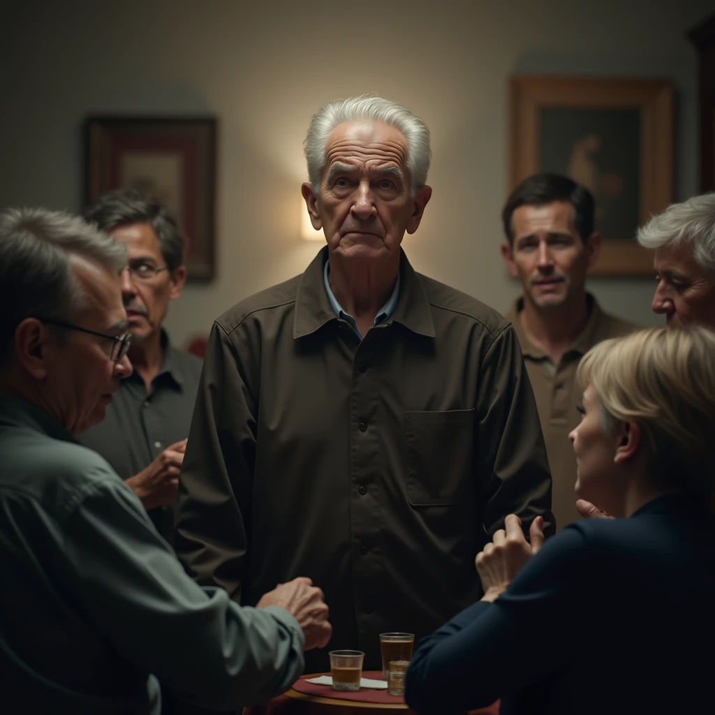 (masterpiece, Best Quality, High resolution: 1.2), (photorealistic: 1.2), (complex and emotional: 1.2), (Detailed light: 1.2), (colorful, dynamic angle), (texturas de High resolution), a full-length older man in the center of the image, with gray hair, showing an expression of anguish and frustration, looking directly at the camera. Standing in a social setting, like a living room or dining room, surrounded by several people who are talking to each other, forming a circle, but he clearly feels excluded. The lighting is soft, highlighting the man's sense of isolation and emotion.
