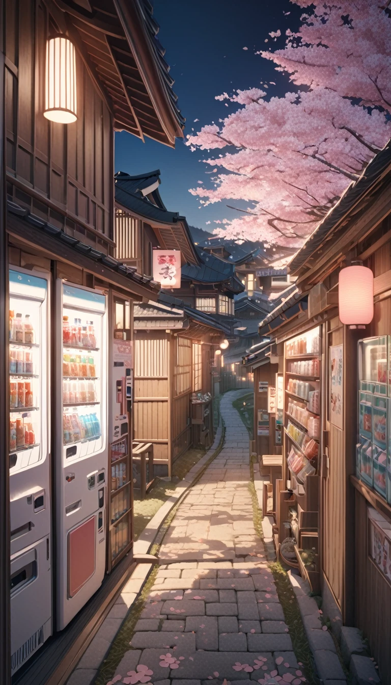 a vending machine in a rural area of japan, traditional japanese houses, a winding street, a path passing through the middle of the streets, beautiful detailed landscape, detailed architecture, intricate details, cherry blossom trees, warm lighting, soft pastel colors, cinematic lighting, photorealistic, 8k, hyperdetailed, masterpiece