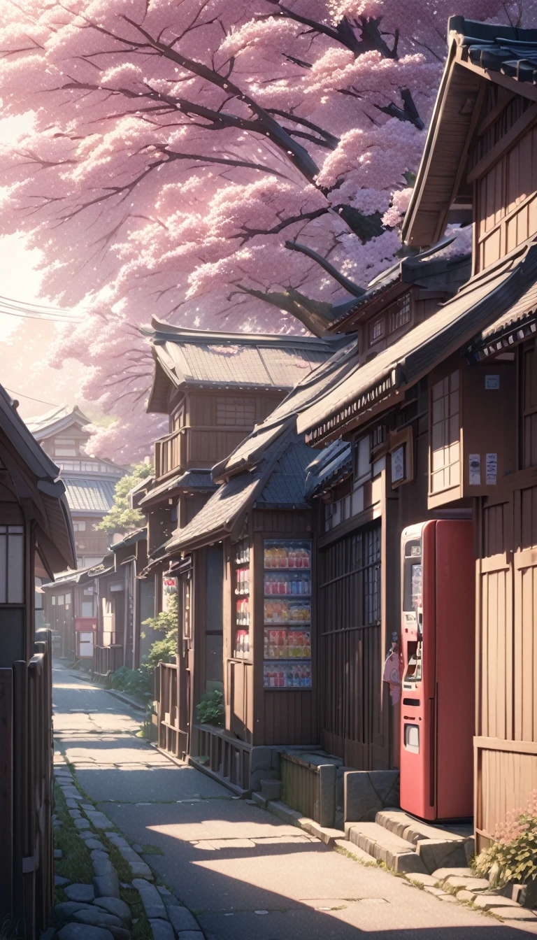 a vending machine in a rural area of japan, traditional japanese houses, a winding street, a path passing through the middle of the streets, beautiful detailed landscape, detailed architecture, intricate details, cherry blossom trees, warm lighting, soft pastel colors, cinematic lighting, photorealistic, 8k, hyperdetailed, masterpiece