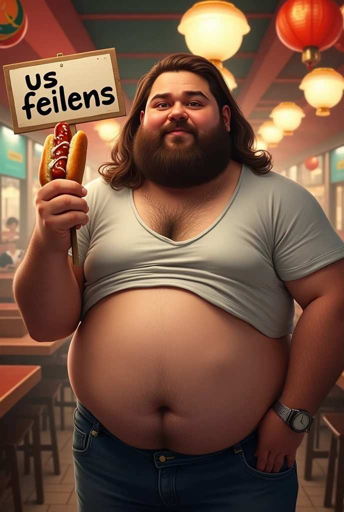 Une personne gros, vraiment obèse, avec une barbe, jeune, à peut pret 21 ans, cheveux brun. qui tiens une affiche avec marquer " US Feillens " sans images sur l'affiche. il est des cheveux long mais qui ne décendent pas et il a une barbe. il tiens aussi dans son autre main un hot-dog à la mayonnaise. il a un t-shirt simple qui ne lui va pas entierement, on voit son ventre et son nombrile. Le fond de l'image va être un restaurant asiatique à volonté. 
