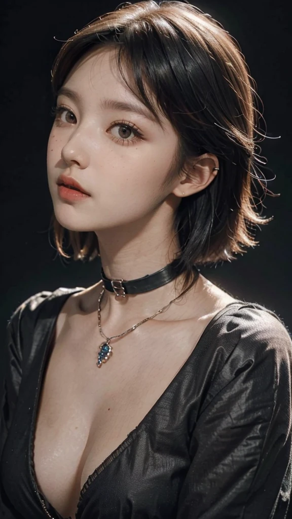 ((masterpiece:1.4)、(top-quality:1.4)、(reallistic:1.7))、masuter piece:1.4、Super realism of a beautiful girl、Kawaii Girl、Portrait photos、Close-up photos、Upper body photography、beautiful countenance、beautidful eyes、bright expression、Be curious、photographed_Norinobu Shinoyama、Bright studio shooting、Coco Chanel costumes、Narrow waist、Beautiful udder、large full breasts:1.2、poneyTail、Raw photo、red-lips、hair adornments:1.2、a choker:1.4、a necklace:1.4、耳Nipple Ring:1.4、1 screen display、