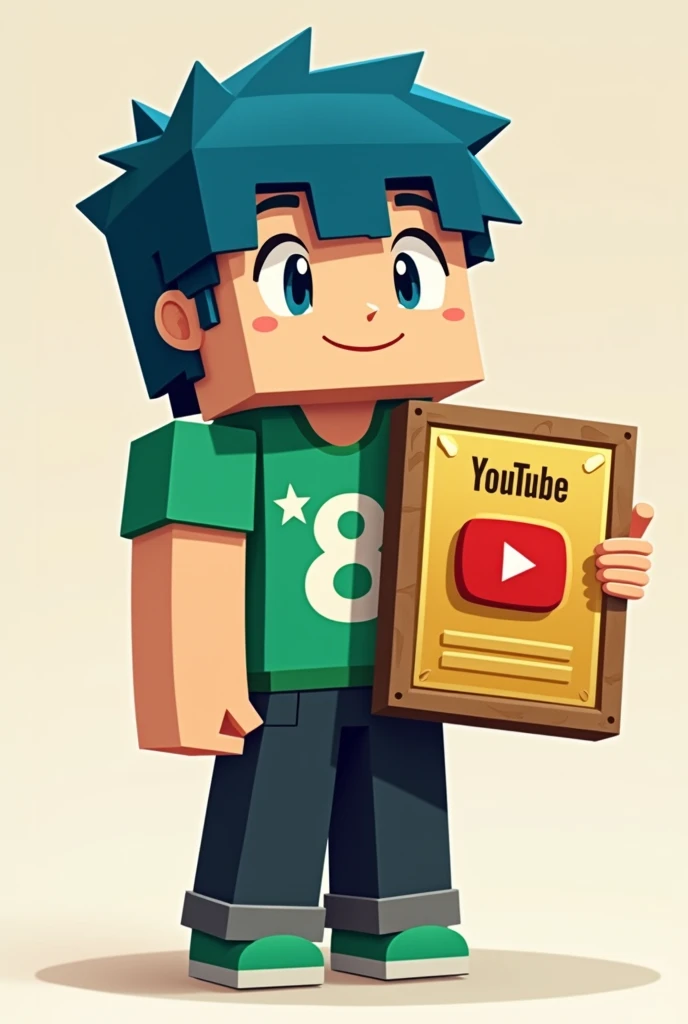 Make a cartoon image of a minecraft character, Caucasian skin, hair blue, green shirt with a white eight in the middle and two white stars above the eight, black pants, green shoe, and holding a 100k youtube plaque