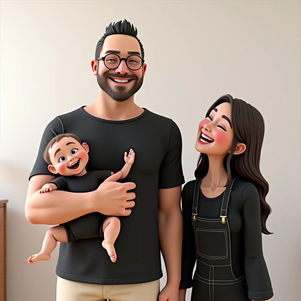 Man cartoon characters have fair skin, very very very short almost bald and dark hair, round glasses with a thin beard. He has a happy expression and is wearing a black t-shirt. The baby, who also has fair skin, has short blonde hair. He is wearing black overalls and is barefoot, with a happy expression. The woman, with fair skin, has long, dark brown, wavy hair and is wearing a long-sleeved black blouse. She also has a happy expression and appears to be laughing, creating an atmosphere of relaxation and happiness in the image, an animated character, Stylized Character, animation style rendering, stylized 3D, Arnold Maya Rendering, Stylized 3D Rendering, screenshot toon rendering, 3D Character, 3D Character, Stylized 3D Rendering, 3D Character Rendering, cartoon character, Close up Character, Character Pose, (Pixar Style) (Master part:1.2) (Bokeh) (best quality ) (detailed skin) (detailed texture) (8K) (clay) (cinematic lighting) (sharp focus,Sits and leaks the upper body.