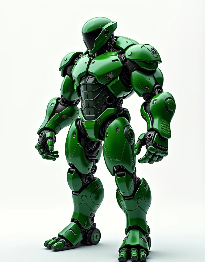 Generate a concept in AI，AI，Half Body，Mecha like Marvel's Hulk full color green armor, cyberpunk hi tech helmet, Technology，Surreal, white background