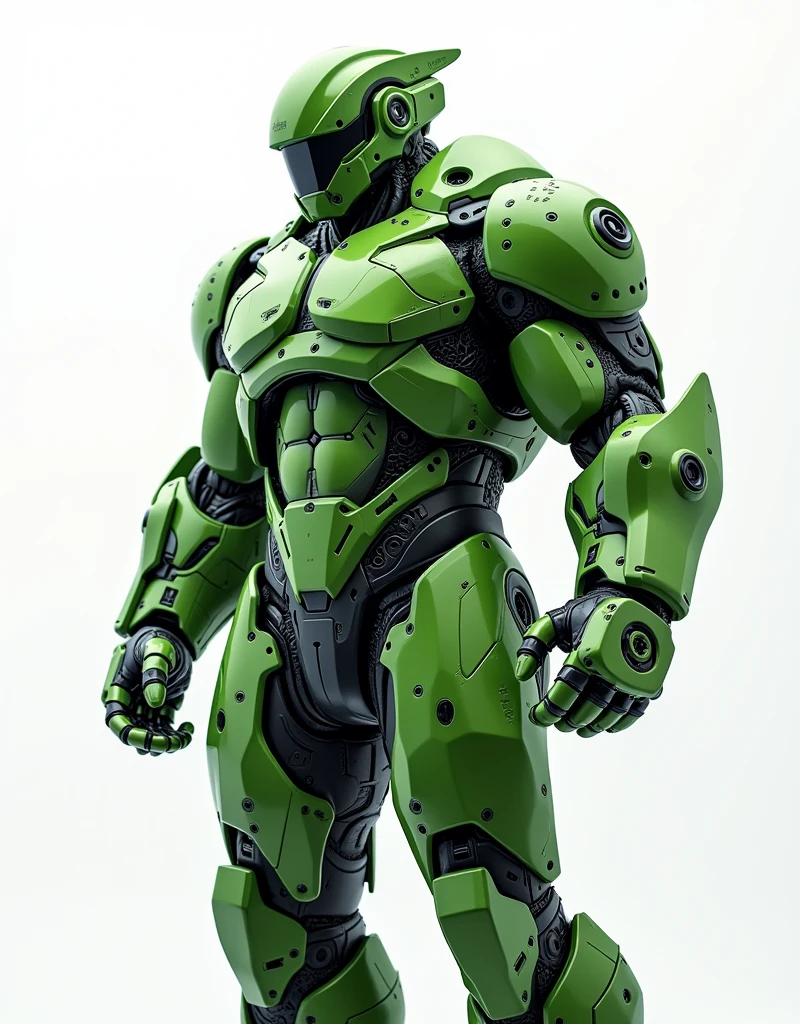 Generate a concept in AI,AI,Half Body,Mecha like Marvel's Hulk full color green armor, cyberpunk hi tech helmet, Technology,Surreal, white background
