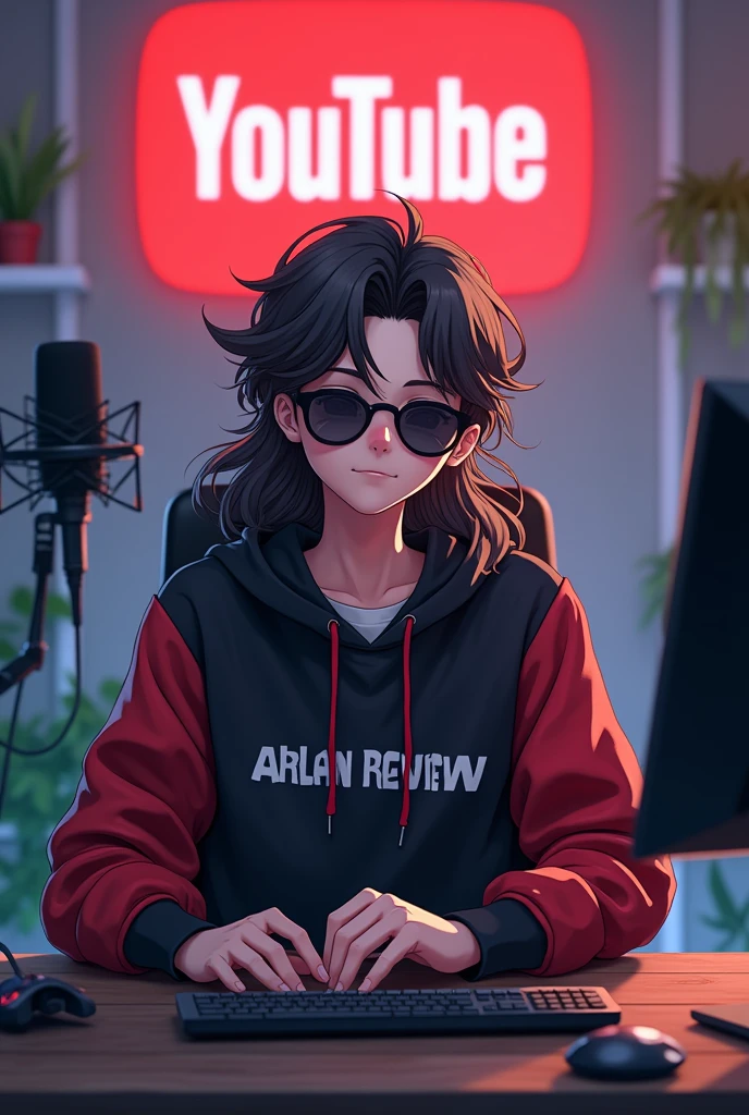 A 18 years anime boy with long hair and sunglasses and, sitting in front of a computer desk with a microphone and laptop, wearing black and red hoodie with the Channel Name on it "Arslan Review". The background includes a large YouTube logo on the wall, potted plants on either side,

and various recording equipment looking at camera. 