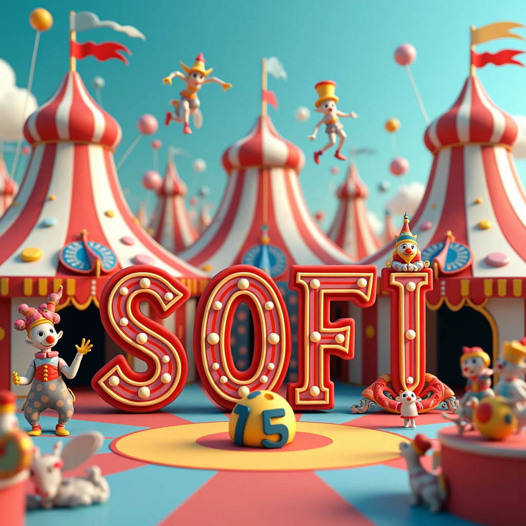 Design me a 3d circus image, and write in large capital letters 15 and SOFI
