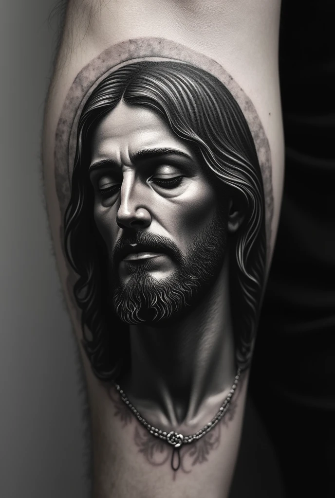 Black and grey tattoo of Jesus before being crucified 