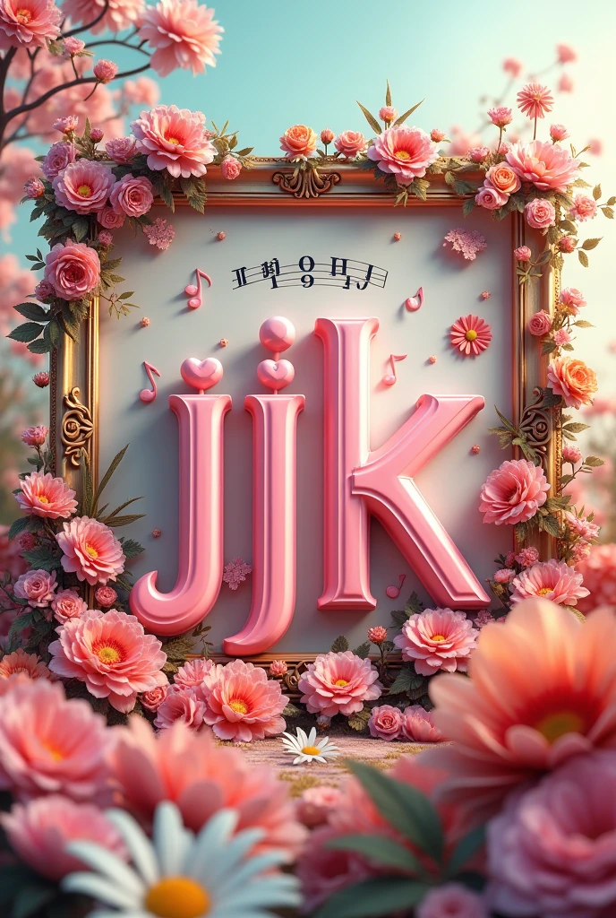 Image of the letters JSJK in 3d, 사랑 with musical notes , colorful flowers, elegant frame 