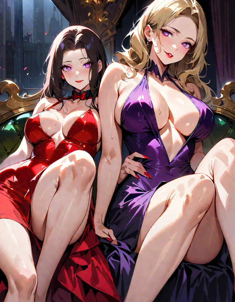 A young and beautiful woman and a mature and seductive woman:1.2,(Highest quality,Extremely detailed depiction,Incredibly absurd high resolution,Anatomically accurate depiction,Curvy Legs,Vertically drawn pupils,Shiny skin,Porcelain-like skin),(Succubus Sisters),(Elegant Gala Dresses,Fluffy Dress,Conservative dress,Gorgeous)eyelash,Sweat,(Glowing purple eyes,Crazy Eyes,Large Breasts,A seductive smile,lustrous red lips,Flashy makeup,Sisters' Seductive Gestures,Sisters hugging each other:1.3,Half-closed eyes:1.5),Luxury accessories,earrings,necklace,Bracelet,whole body,