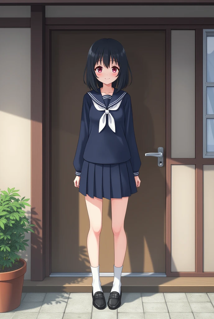 Standing next to the door of a Japanese-style house、high school girl、Black short hair、Navy long-sleeved sailor suit、skirt,Deep red eyes、barefoot、Cool smile、Full body portrait,Black Loafers,White socks