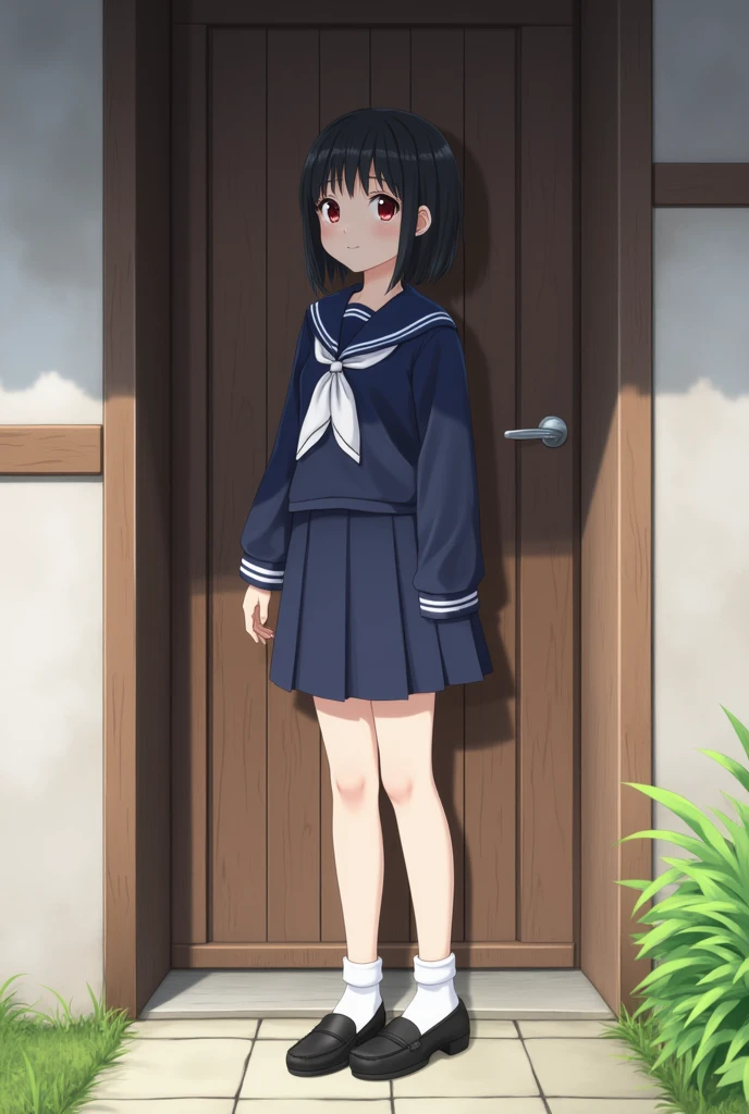 Standing next to the door of a Japanese-style house、high school girl、Black short hair、Navy long-sleeved sailor suit、skirt,Deep red eyes、barefoot、Cool smile、Full body portrait,Black Loafers,White socks