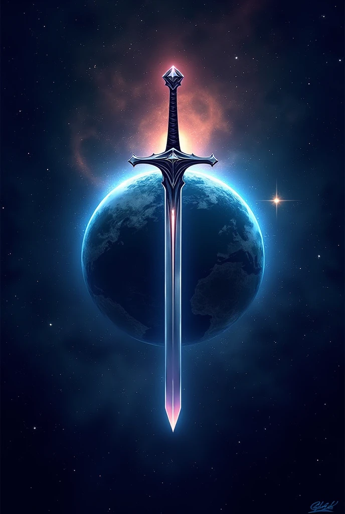 Make a simple logo where a sword pierces a planet in space