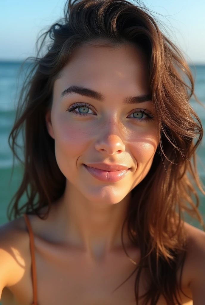 Closeup photo, Selfie Photo, arafed beautiful 22 y.o Beautiful brunette, with an innocent face, and naturally wavy hair, a girl stands in a white bikini swimsuit in the ocean up to his stomach in water, a character portrait by Tobias Stimmer, Shutterstock, photorealism, portrait of Ana de Armas, ana de armas portrait, 50mm portrait, photo of a beautiful woman, portrait of barbara palvin, attractive young woman, 60mm portrait, highly detailed, , visage innocent, naturally wavy hair, yeux bleus, high resolution, masterpiece, Meilleur Qulaity, intricate high detail, highly detailed, mise au point nette, detailed skin, realistic skin texture, texture, detailed eyes, professional, 4K, prise avec Canon, 85 mm, Light depth of field, Kodak Vision Couleur, perfect fit body, extremely detailed, photographier_\(ultra\), photographierréaliste, Realstic, Post-treatment, maximum details, roughness, real life, ultrarealistic, photorealism, photography, 8K UHD, photography