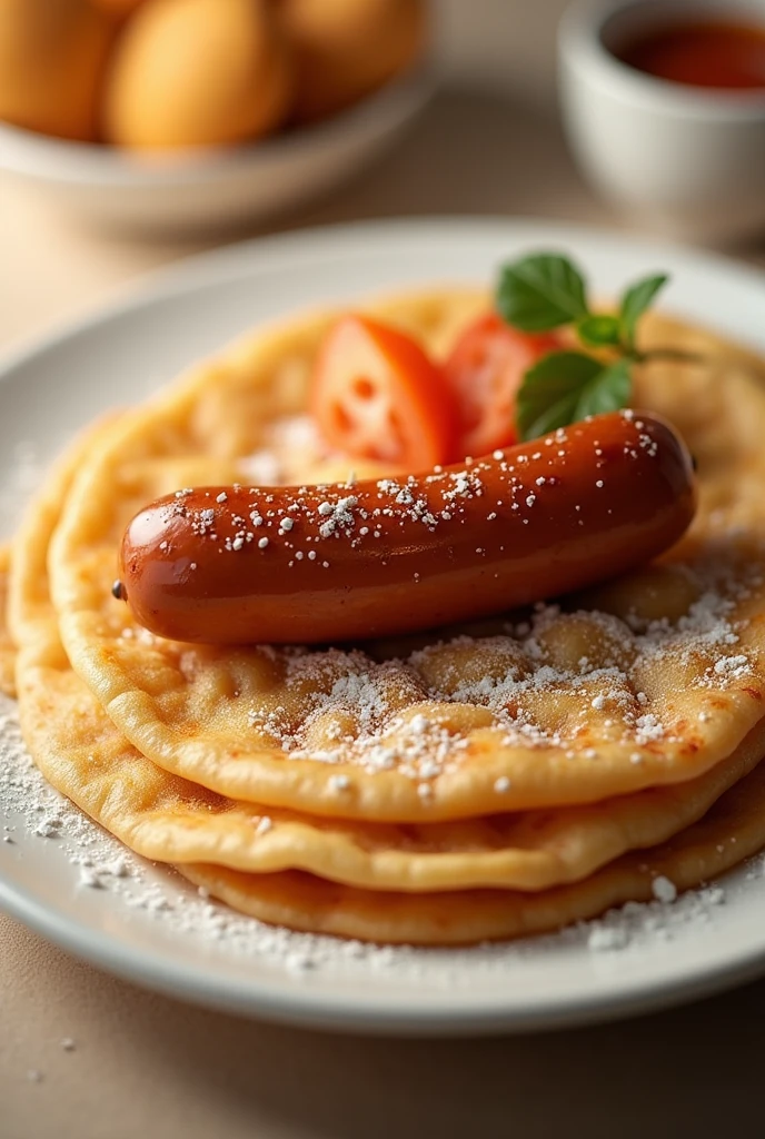 make a piece of roti canai and a piece of sausage on it