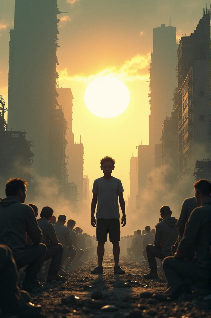 Un jeune garçon rassemblait des gens et leur parler dans un monde post apocalypse