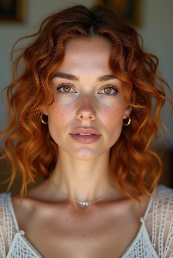 29 year old white Venezuelan girl with short shoulder length copper colored hair and some soft freckles on her nose, thin face brown eyes, small nose, mouth with a marked cupid's bow but not too much and hair a little between straight and wavy