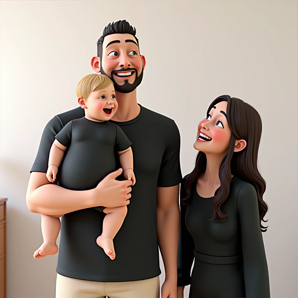 Man cartoon characters have fair skin, short almost bald and dark hair, with a thin beard. He has a happy expression and is wearing a black t-shirt. The baby, who also has fair skin, has short blonde hair. He is wearing black overalls and is barefoot, with a happy expression. The woman, with fair skin, has long, dark brown, wavy hair and is wearing a long-sleeved black blouse. She also has a happy expression and appears to be laughing, creating an atmosphere of relaxation and happiness in the image, an animated character, Stylized Character, animation style rendering, stylized 3D, Arnold Maya Rendering, Stylized 3D Rendering, screenshot toon rendering, 3D Character, 3D Character, Stylized 3D Rendering, 3D Character Rendering, cartoon character, Close up Character, Character Pose, (Pixar Style) (Master part:1.2) (Bokeh) (best quality ) (detailed skin) (detailed texture) (8K) (clay) (cinematic lighting) (sharp focus，Sits and leaks the upper body