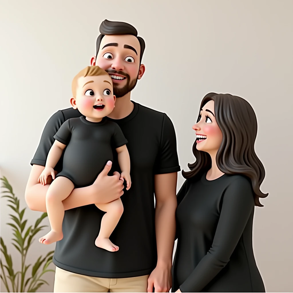 Man cartoon characters have fair skin, short almost bald and dark hair, with a thin beard. He has a happy expression and is wearing a black t-shirt. The baby, who also has fair skin, has short blonde hair. He is wearing black overalls and is barefoot, with a happy expression. The woman, with fair skin, has long, dark brown, wavy hair and is wearing a long-sleeved black blouse. She also has a happy expression and appears to be laughing, creating an atmosphere of relaxation and happiness in the image, an animated character, Stylized Character, animation style rendering, stylized 3D, Arnold Maya Rendering, Stylized 3D Rendering, screenshot toon rendering, 3D Character, 3D Character, Stylized 3D Rendering, 3D Character Rendering, cartoon character, Close up Character, Character Pose, (Pixar Style) (Master part:1.2) (Bokeh) (best quality ) (detailed skin) (detailed texture) (8K) (clay) (cinematic lighting) (sharp focus,Sits and leaks the upper body