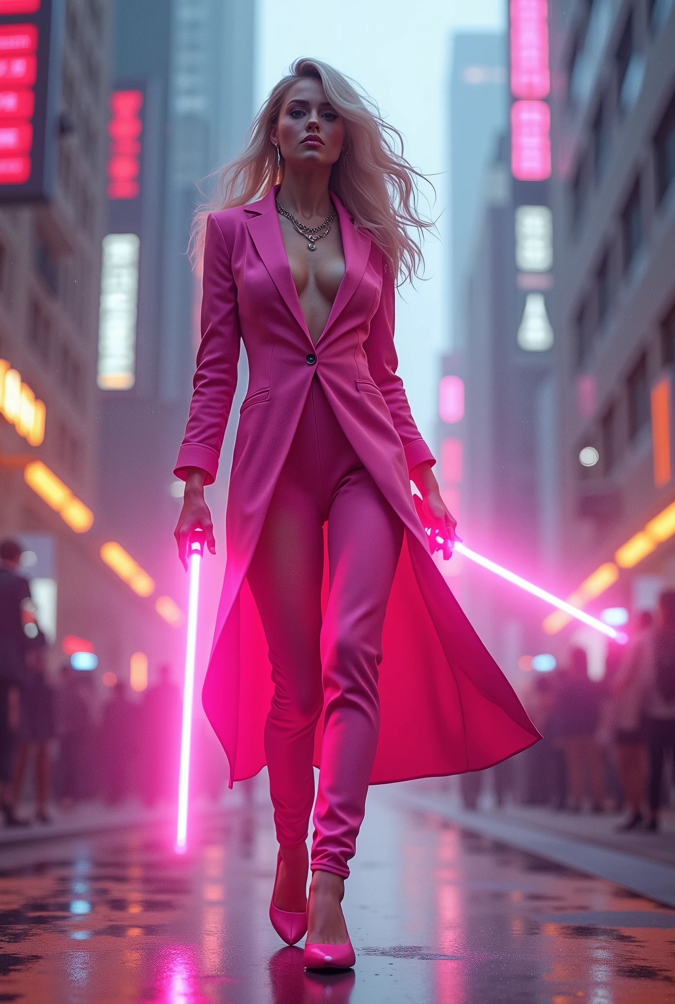 Neon Vixen
 * Appearance: All-pink attire, sleek and sophisticated appearance.
 * Character: Confident, ambitious, and a skilled businesswoman.
 * Abilities: Enhanced strength and agility. Can emit neon energy blasts.