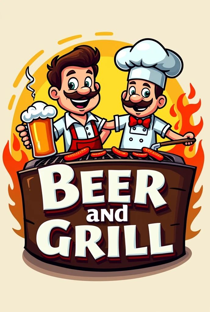 A logo that says beer and grill with cartoons
