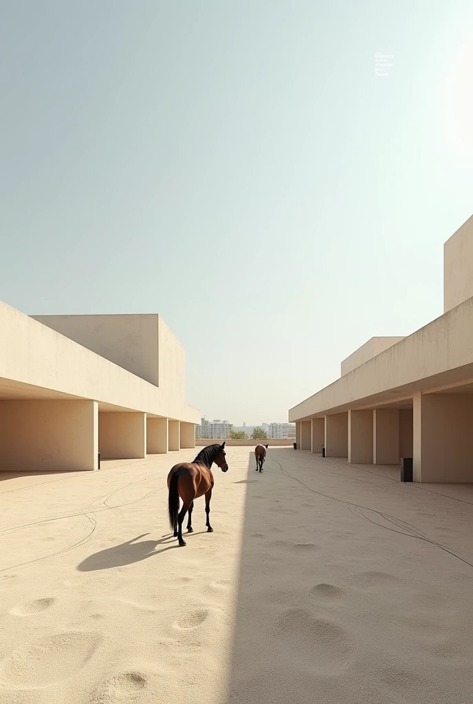 Create an image of large equine therapy stables that looks complete with the features of the works of architect Carme Pinós on the outside and create the place with abstract figures where stables and horse tracks can be seen., with a large yard without trees