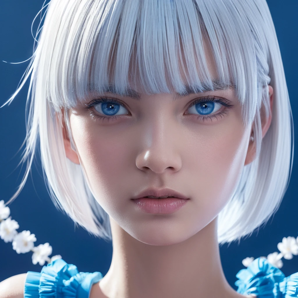 Asian short straight white hair, blue fringes ,blue colored eyes, adolescent. hyper realist, high qualiy.