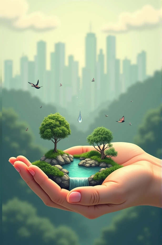 A hand holding a small miniature ecosystem (trees, Birds, Water) con una gota de Water a punto de caer de un dedo. The background is a partially blurred cityscape to highlight the hand and ecosystem in the foreground in Bauhaus style.