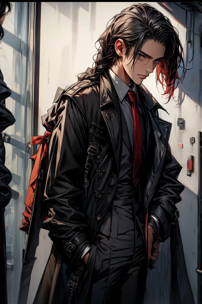 1 boy, latino, black trench coat, black necktie, black pants, bloodstains, Braid, Braided ponytail, business Suit, trench coat, collared chemise, formal, high-waist pants, high resolution, Inside the house, looking ahead at viewer, necktie, pants, Bblack hair, chemise, chemise tucked in, standing alone, Suit, reddish eyes