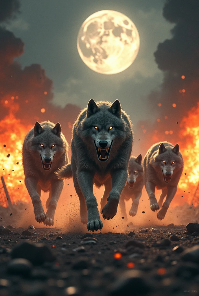 big bad five wolves running moon explosions everything on fire