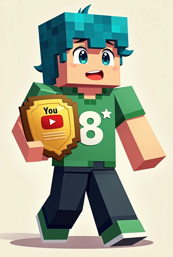 Make a cartoon image of a minecraft character, Caucasian skin, hair blue, green shirt with a white eight in the middle and two white stars above the eight, black pants, green shoe, and holding a 100k youtube plaque