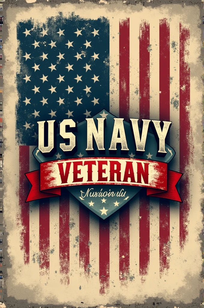 Design a T-shirt with a faded US flag in the background, overlayed with "US Navy Veteran" in a prominent position. Add "National Hispanic Heritage" in a banner or ribbon across the flag, using colors that reflect Hispanic culture, like red, green, and white.