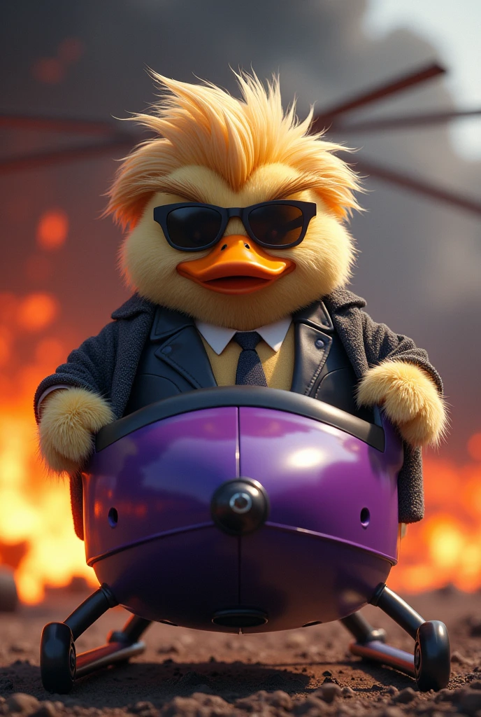Duck Mafia with Donald Trump's Hairstyle, Soft fur, Smoking a cigar, Sitting in a purple helicopter, Battlefield scenes, The whole place is on fire.