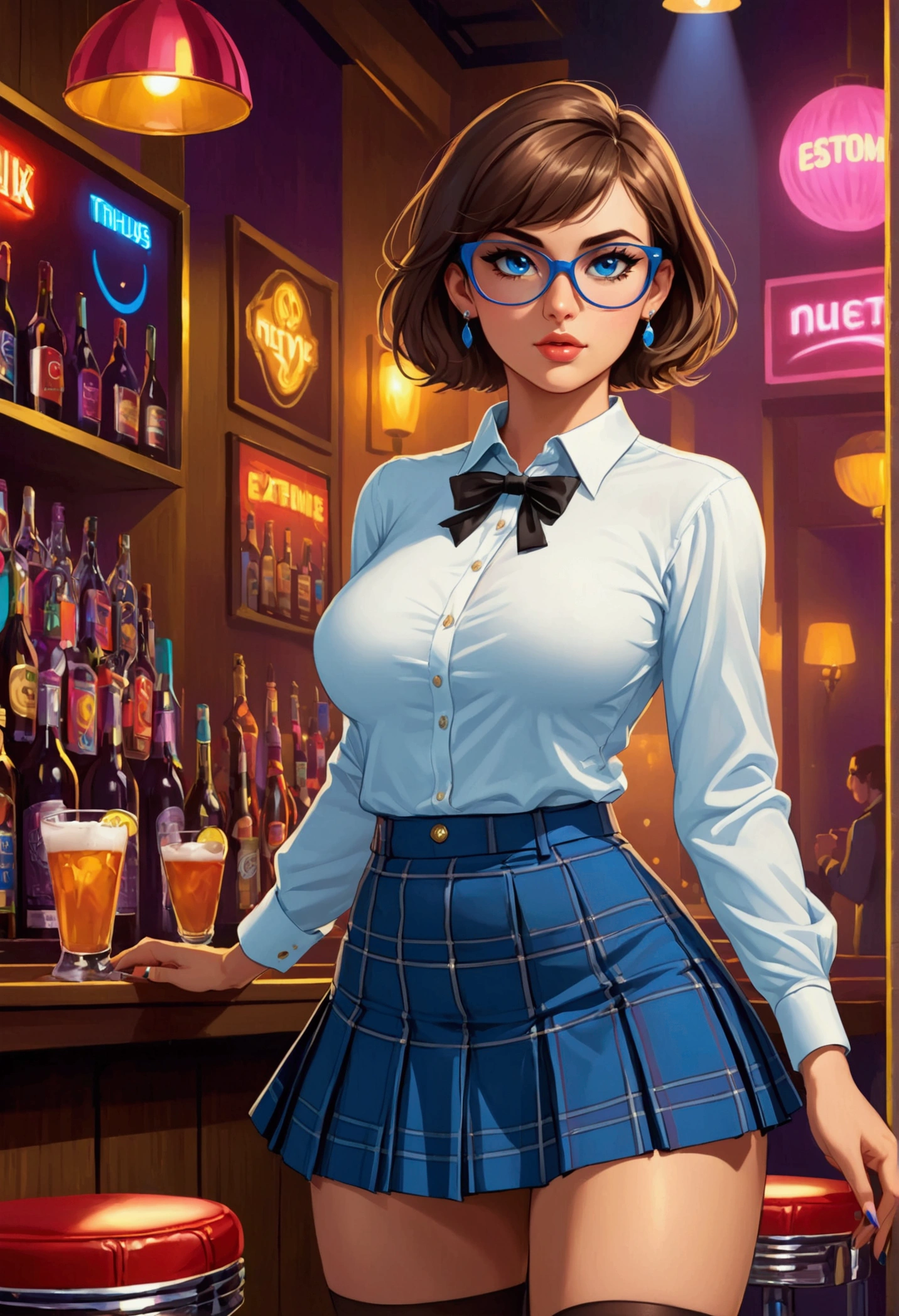 20 years old woman, Short brown hair, Méditerranéenne aux blue eye, Generous and heavy breasts, slender waist, estomac defini, fesses rebondies et pulpeuses, naturally curved, muscular thighs, aguicheuse, on a night-club , plaid pleated mini skirt and blouse, lunettes , earrings, blue eye, talons, dancing