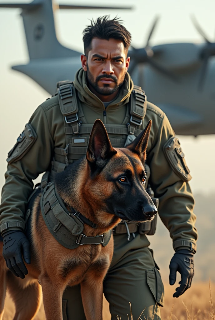 Hyperrealistic 8k image of a special forces soldier with Latino features who has just parachuted out of a Hercules C-130 plane, carrying his Malinois shepherd dog in a harness strapped to his chest, also in combat gear. The soldier and the dog are seen in the foreground, and behind them the plane is seen moving away.