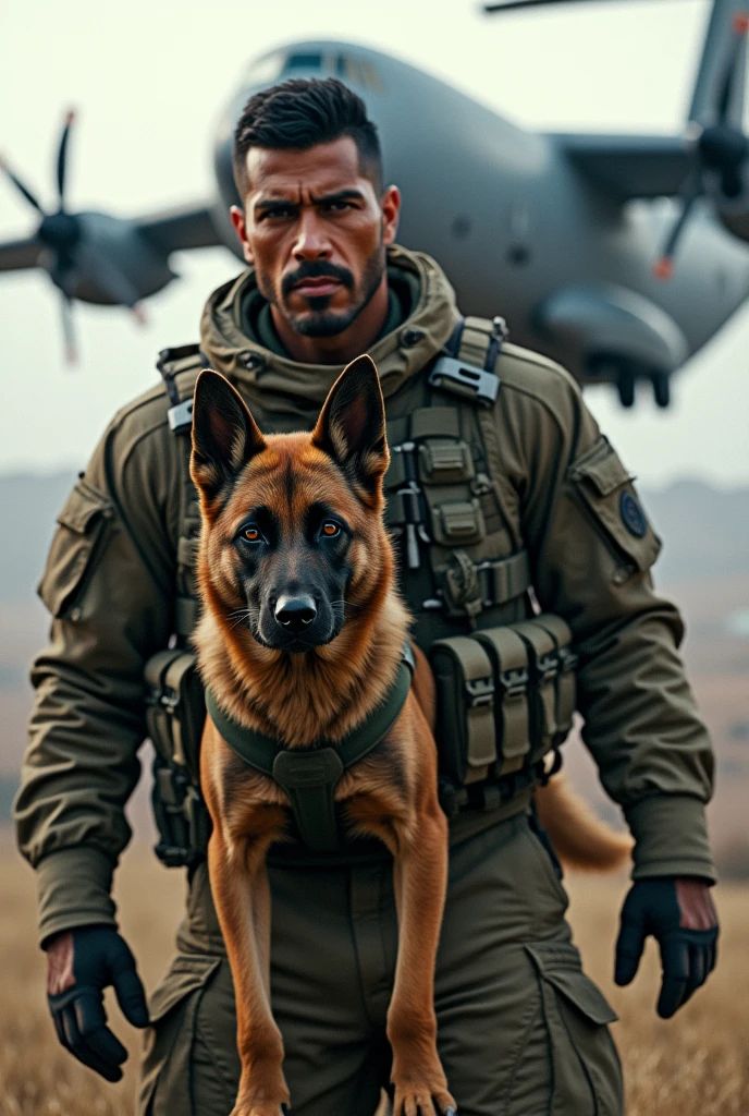 Hyperrealistic 8k image of a special forces soldier with Latino features who has just parachuted out of a Hercules C-130 plane, carrying his Malinois shepherd dog in a harness strapped to his chest, also in combat gear. The soldier and the dog are seen in the foreground, and behind them the plane is seen moving away.