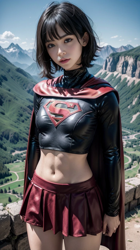 Sissy femboy Adalgusto Beltraz, short black hair, (flat chest), (flat tummy), mountains background, view from above, tight supergirl costume and cape