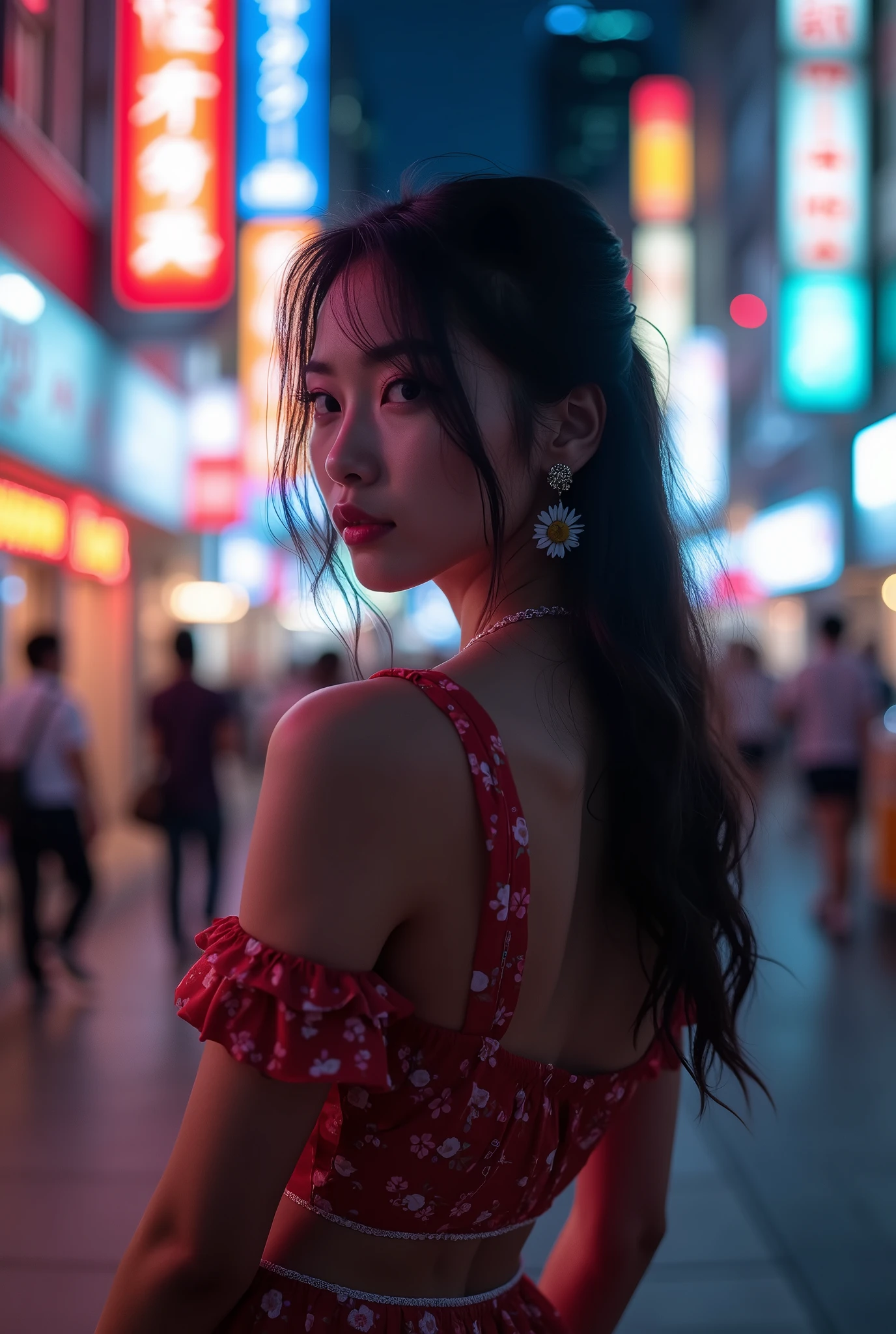 8k Beautiful Asian Woman, big tits, walking on the Tokyo city with a Neon Colors behind 