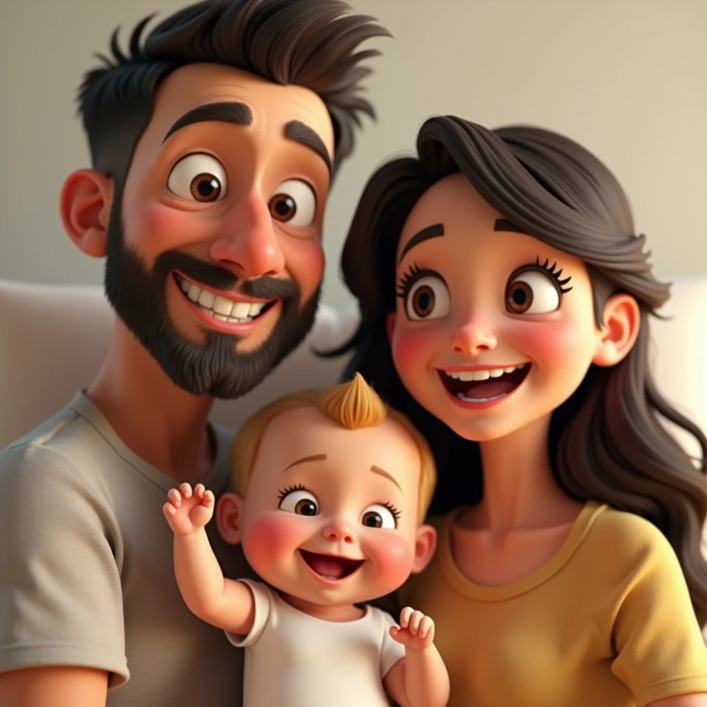 Man cartoon characters have fair skin, short almost bald and dark hair, with a thin beard. He has a happy expression and is wearing a black t-shirt. The baby, who also has fair skin, has short blonde hair. He is wearing black overalls and is barefoot, with a happy expression. The woman, with fair skin, has long, dark brown, wavy hair and is wearing a long-sleeved black blouse. She also has a happy expression and appears to be laughing, creating an atmosphere of relaxation and happiness in the image, an animated character, Stylized Character, animation style rendering, stylized 3D, Arnold Maya Rendering, Stylized 3D Rendering, screenshot toon rendering, 3D Character, 3D Character, Stylized 3D Rendering, 3D Character Rendering, cartoon character, Close up Character, Character Pose, (Pixar Style) (Master part:1.2) (Bokeh) (best quality ) (detailed skin) (detailed texture) (8K) (clay) (cinematic lighting) (sharp focus，Sits and leaks the upper body
