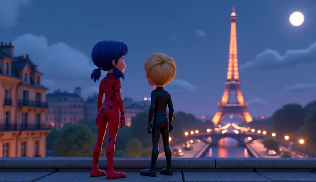 Ladybug (Marinette),teenage girl, blue_hair_color,pigtails_hairstyle,short_hair,wearing her red and black-spotted superhero suit, Depict Cat Noir (Adrien),teenage boy,blond_hairstyle,The young boy is a little taller than the young girl, Ladybug and Cat Noir are standing on the edge of a Parisian rooftop and watching in wonder, the Eiffel Tower and the Seine River are visible in the distance, illuminated by moonlight, the rooftop setting should have a soft, intimate atmosphere, 3d animation, Disney inspiration, High quality image, 8k